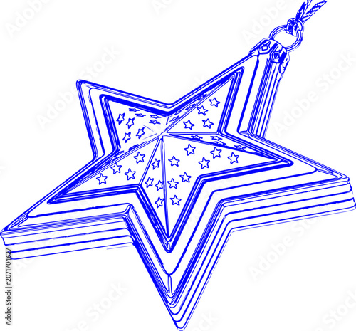Blue line art illustration of a starshaped christmas ornament
