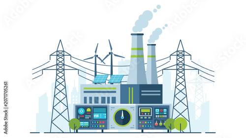 Flat vector illustration of smart power plant combining solar energy, wind power and electrical grid infrastructure for sustainable energy generation.