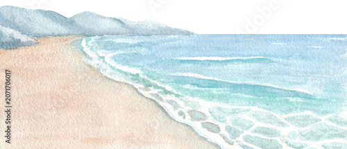 Watercolor beach seascape with ocean waves, sandy shore and distant mountains. Hand painted coastal landscape isolated on white background with natural texture and panoramic composition.