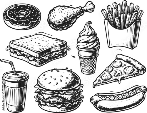 Fast food collection vintage style illustrations isolated on transparent background