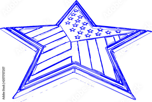 Blue line art illustration of a star with american flag design
