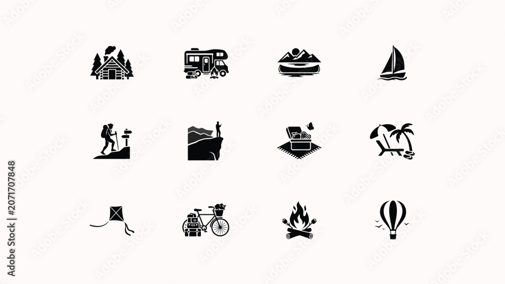Naklejka premium Camping and outdoor recreation icons showcasing log cabin camper canoe sailboat hiking.