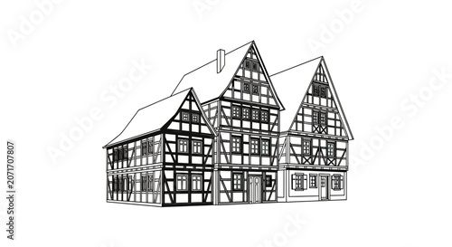 Fotografija Black and White Line Art of Traditional Half-Timbered Houses