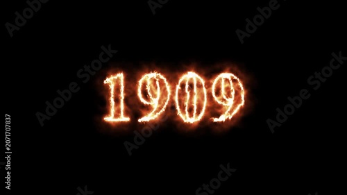 Animated glowing number 1909 with realistic fire and flame effects on a dark background. Perfect for countdowns, year transitions, presentations, and motion graphics projects.