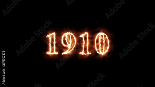 Animated glowing number 1910 with realistic fire and flame effects on a dark background. Perfect for countdowns, year transitions, presentations, and motion graphics projects.