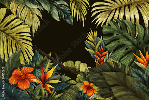 Tropical botanical frame with monstera leaves and exotic flowers