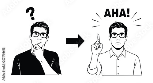 Foto Transformation of confused person thinking with question mark into intelligent man finding solution eureka moment concept isolated on white background style