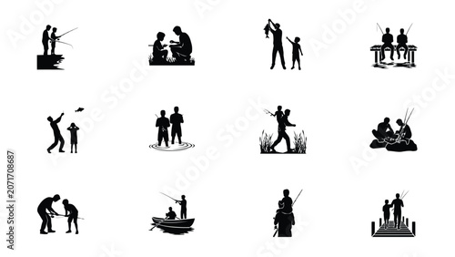 Foto Twelve fishing silhouettes showing parents and children enjoying outdoor recreational time