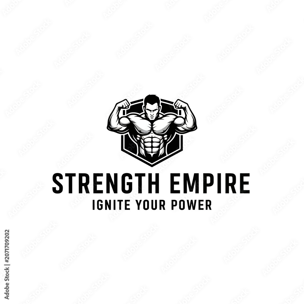 Fototapeta premium Strength Empire Logo With Muscular Man Posing