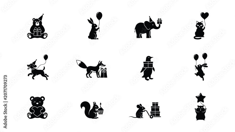Fototapeta premium Cute cartoon animals with party accessories for festive birthday celebration design set.