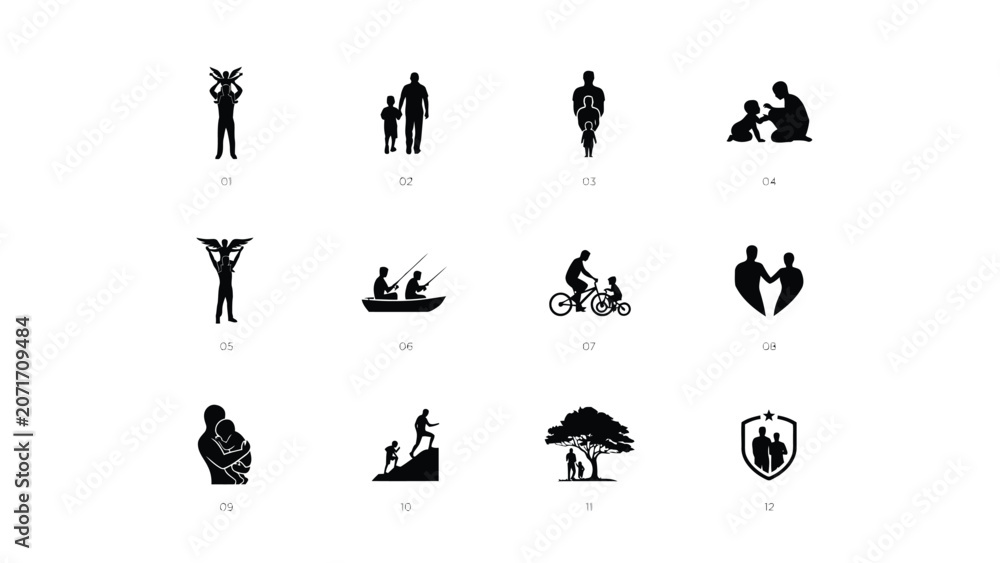 Fototapeta premium Numbered set of family relationship icons showing caring parent and child interactions.