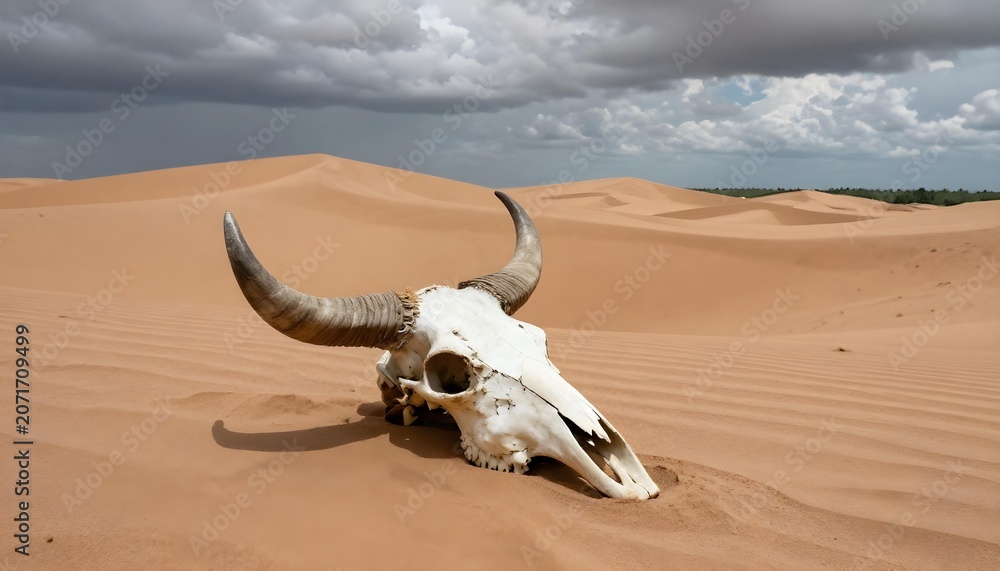 Fototapeta premium Bulls skull rests on a sand dune under a dramatic cloudy sky