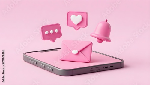 3D render of a smartphone with pink notification icons and a pink screen
