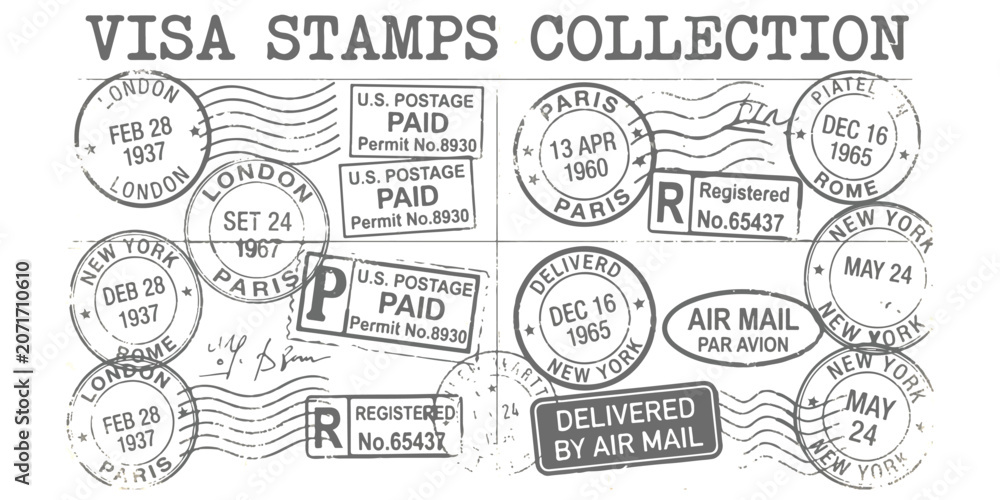 Fototapeta premium Collection of vintage travel visa stamps and postal ink markings from various international cities