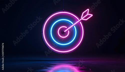 Neon target sign with an arrow hitting the center in vibrant colors