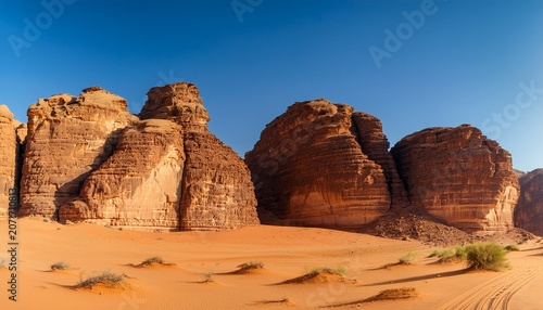 Rocky Desert Formations With Sand In Foreground Typical Landscape Of Al Ula Saudi Arabia High Resolution Panorama