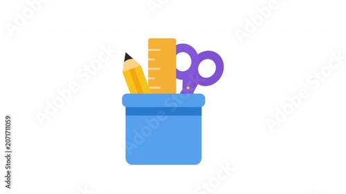 Looping School Supplies Container With Scissors And Pencils Animation ProRes Alpha Channel 4K 60fps Education Stationery Motion Graphic