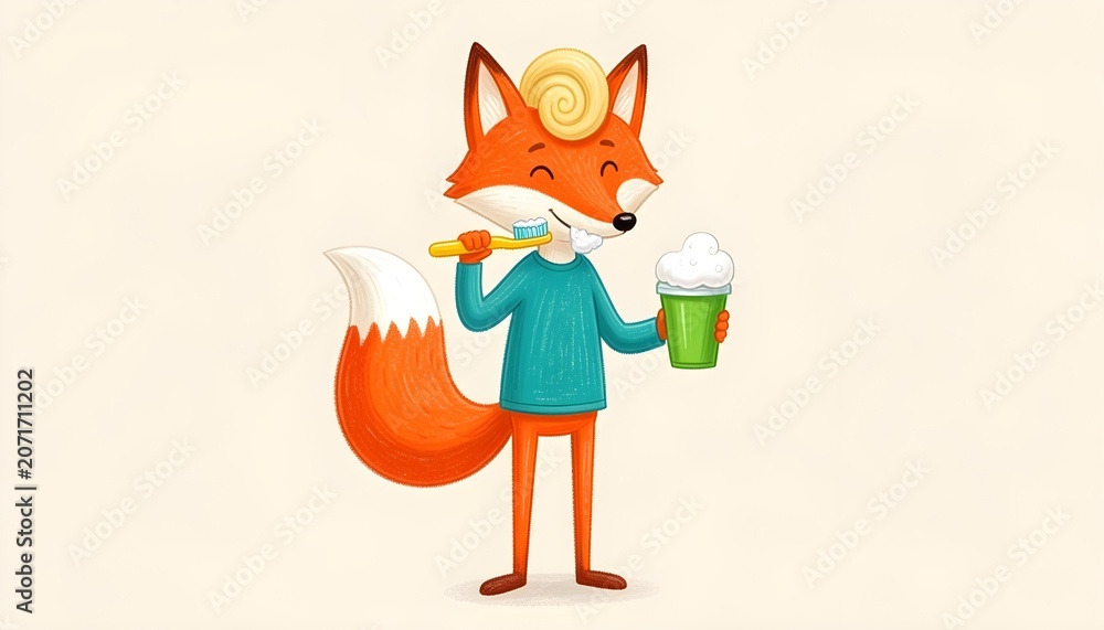 Fototapeta premium Whimsical cartoon fox brushing teeth with toothpaste and holding a foamy drink