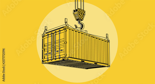Industrial shipping container being lifted by a crane hook against a bright yellow circular background for logistics and cargo.
