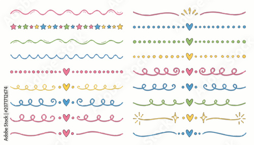 Minimalist colorful hand drawn doodle dividers with simple line art details