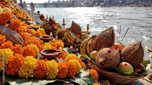 Vibrant marigolds and coconuts arranged for ritual prayer on a sunny riverbank ghat in a close-up shot.