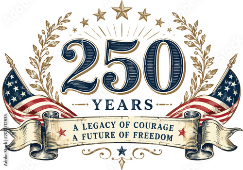 Vintage America 250 Celebration emblem with 4th of July patriotic elements and Day USA anniversary vector design