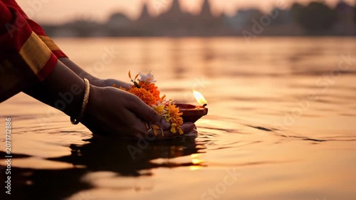 Hands floating a lit diya and flowers on a sacred river during sunset in a warm cinematic close-up.
