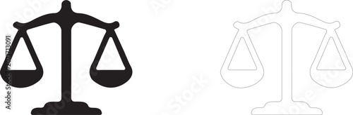 Scales of justice icon, legal equality symbol, imbalance measurement tool and court jurisprudence.