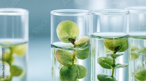 Jeunes plantules vertes en culture hydroponique dans des tubes en verre