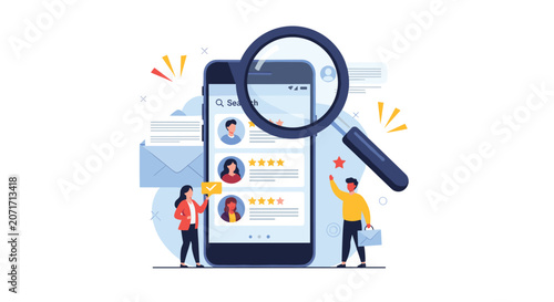 User search and talent hunting concept featuring a giant magnifying glass over a smartphone screen with candidate profiles.