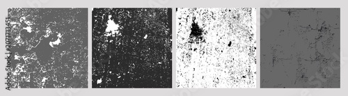 Set of four grayscale distressed textures including corroded patches, speckled noise, high contrast blotches, and subtle cracked surfaces