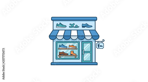 Obraz na płótnie A colorful illustration of a shoe store on 2026-06-24 displays various shoes on the window and awning