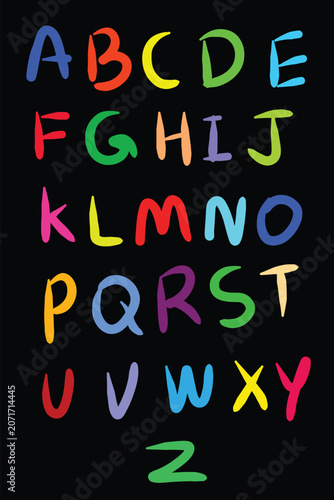 Colorful hand-drawn alphabet letters on a black background, perfect for preschool education, kindergarten learning, classroom posters, flashcards, worksheets, apps, and kids' design projects.