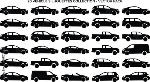 Tableau sur toile Black and white silhouettes of 30 different car types, side view, flat cars vehi