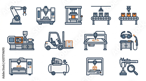 Schilderij op canvas Industrial Manufacturing Equipment Icons Set.