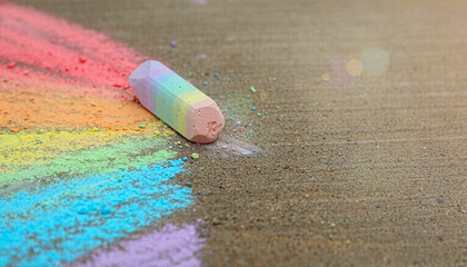 Rainbow Chalk Drawing on Sidewalk with Copy Space