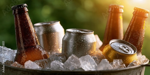 Cold Refreshing Beer Bottles and Cans in Ice with Summer Party Vibes Outdoors