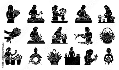 Obraz na plátne Florist And Flower Arrangement Silhouette Icons Collection