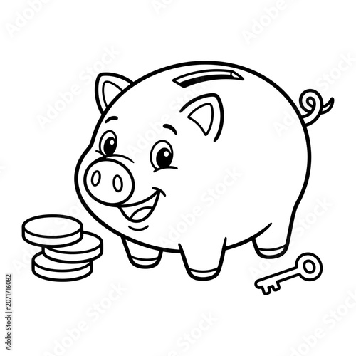 Piggy bank with stack of coins and key outline coloring page for kids financial literacy concept