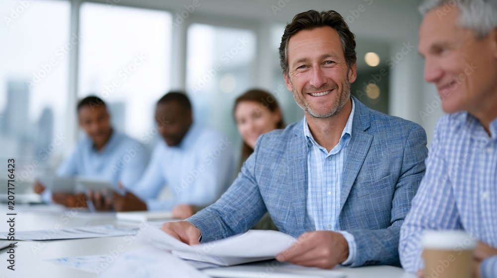 Fototapeta premium Cheerful businessman ready to lead a productive meeting with his team in a professional setting