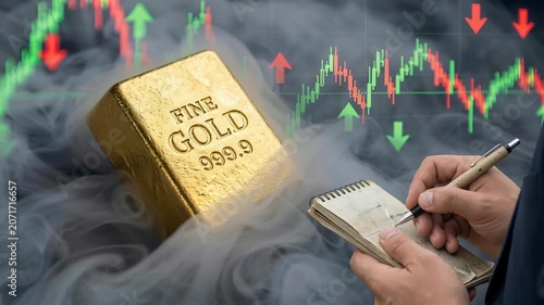 Gold price up and down concept , Gold bar 999.9 purity with stock market chart red green arrows person writing notes symbolizing