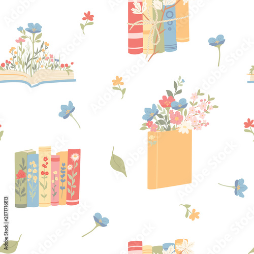 Hand drawn seamless pattern with books and flowers