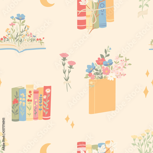 Cute hand-drawn seamless pattern with books and flowers, moon and stars