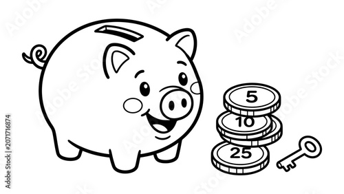 Piggy bank standing next to a stack of coins and a key line art outline
