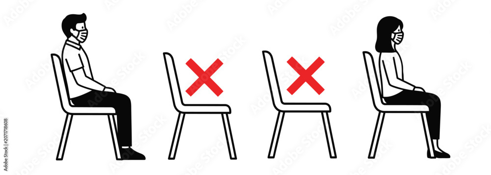 Φωτογραφία Social distancing concept illustration featuring man and woman sitting on chairs with empty seats between them to maintain safe distance and wearing masks