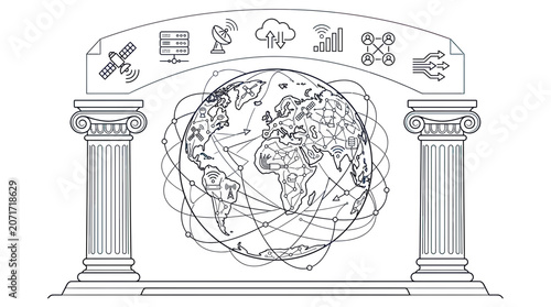 Fotografija Global Network Connectivity: Earth, Satellite, Cloud, Data Flow, and Drone Icons