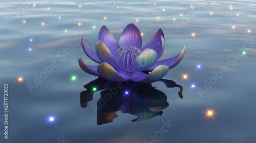 A magic purple flower with colorful lights on water. A lotus flower in the pond