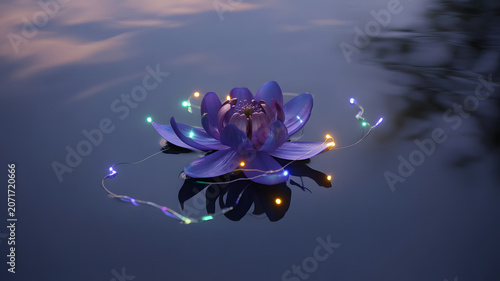 A magic purple flower with colorful lights on water. Purple water lily.