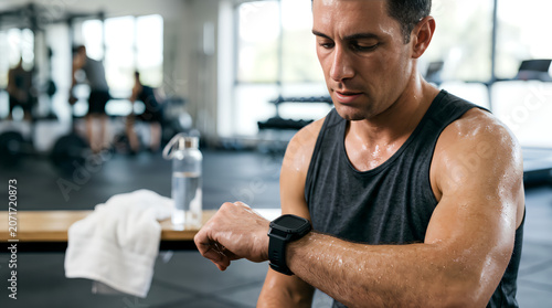 Athletic man checking smartwatch after workout at the gym