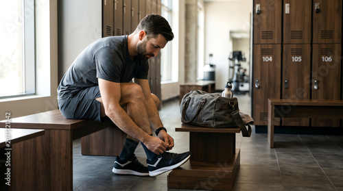 Man tying athletic shoe before workout in gym locker room